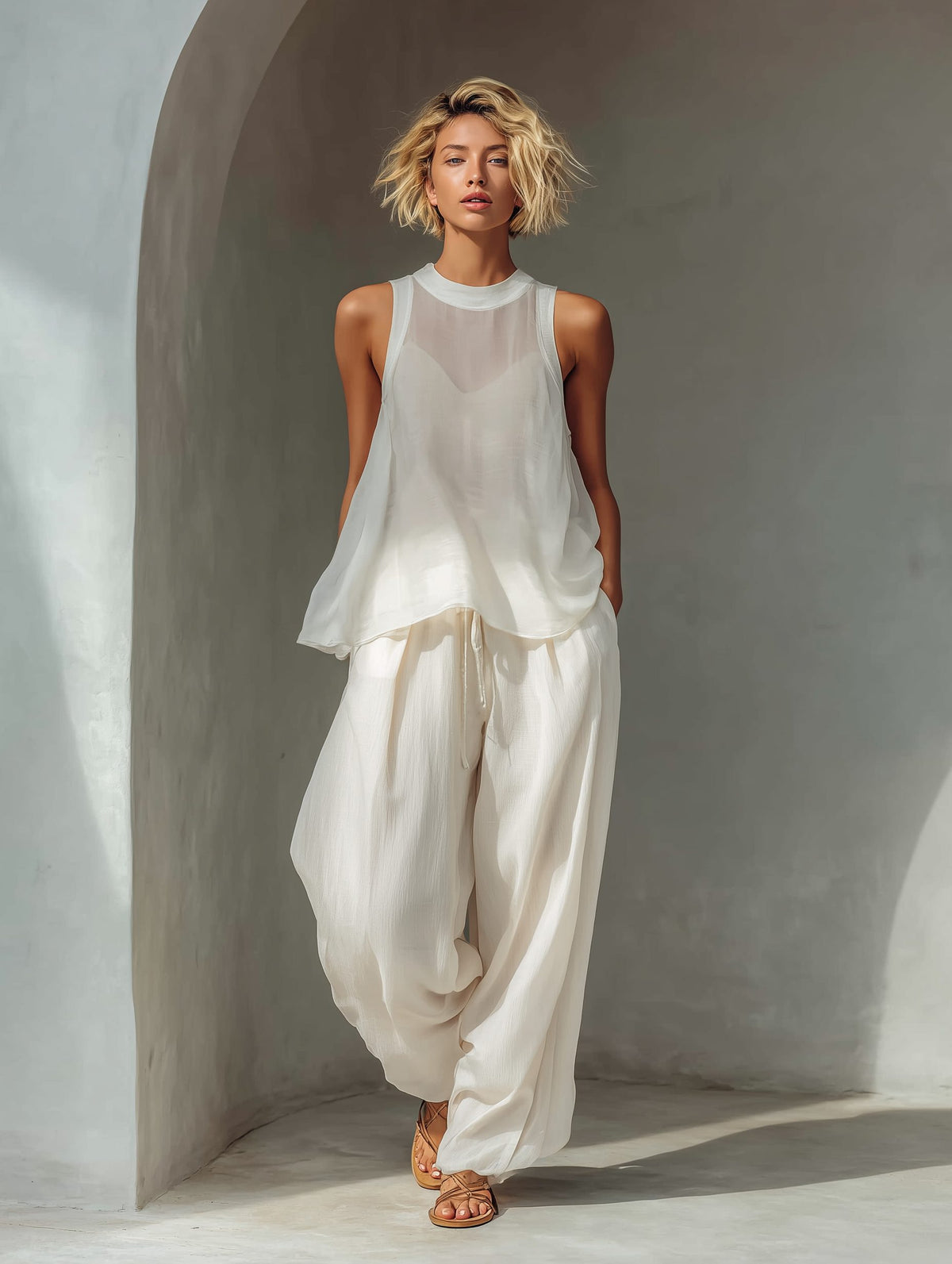 Wide Leg Linen Drawstring Trousers Set for Women - View 2