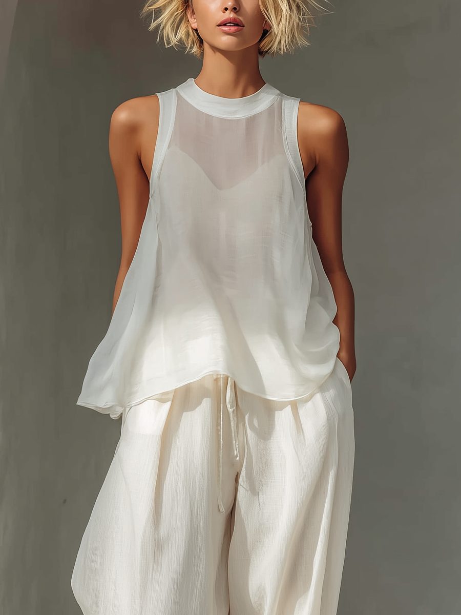 Wide Leg Linen Drawstring Trousers Set for Women - View 3