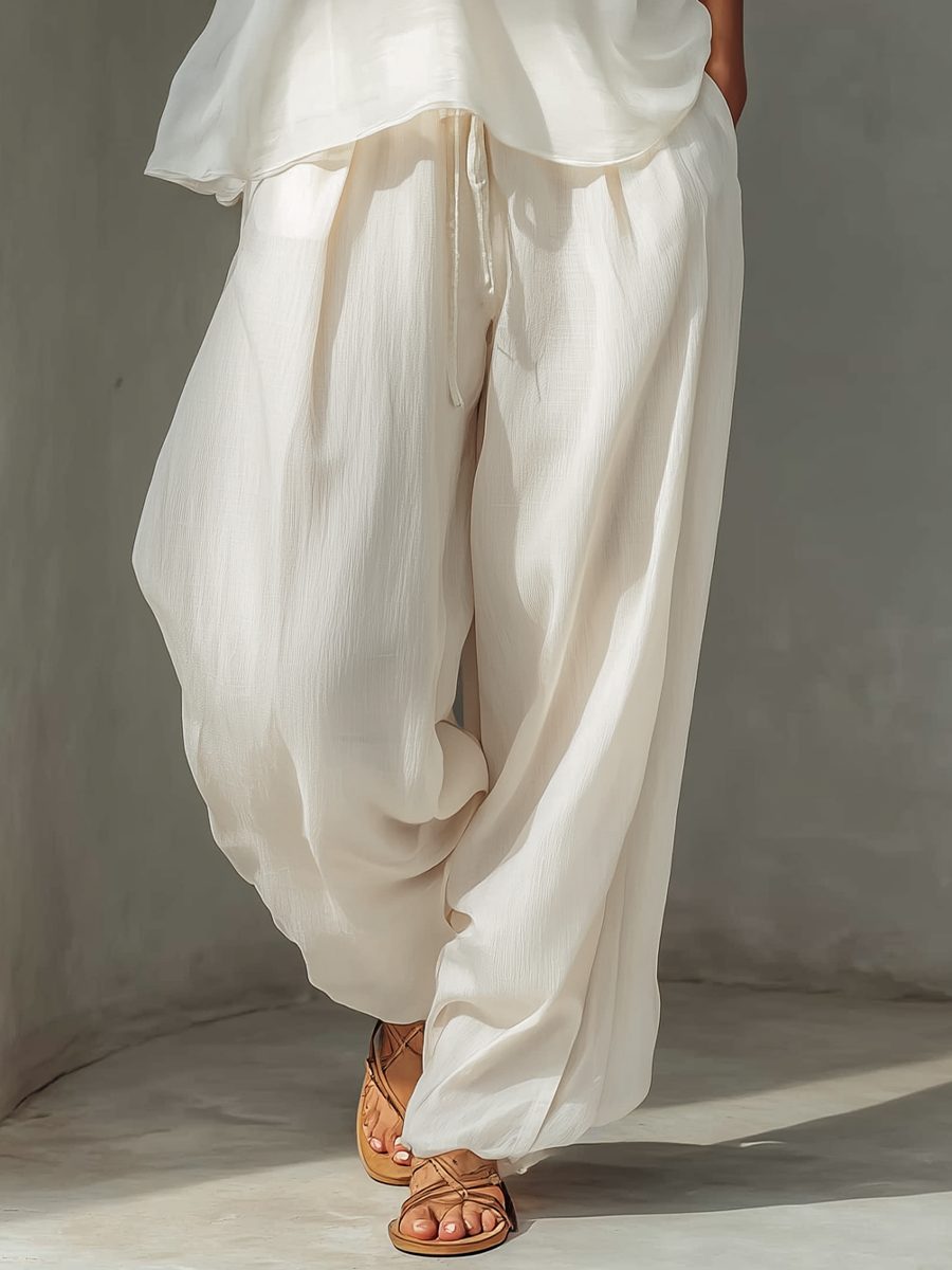 Wide Leg Linen Drawstring Trousers Set for Women - View 4