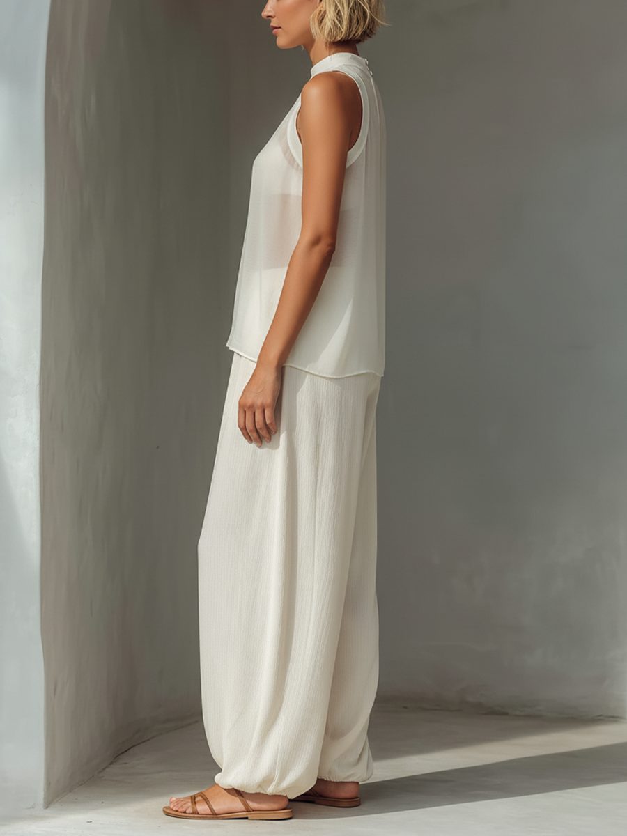 Wide Leg Linen Drawstring Trousers Set for Women - View 5