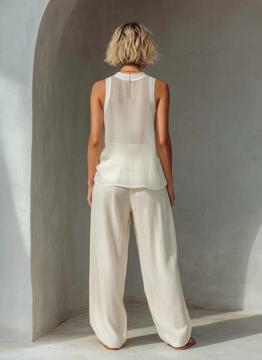 Wide Leg Linen Drawstring Trousers Set for Women - View 6