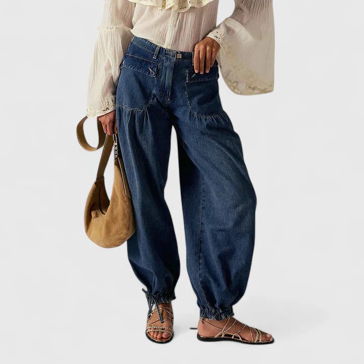 Wide Leg Pleated Trousers for Women - Dark Blue
