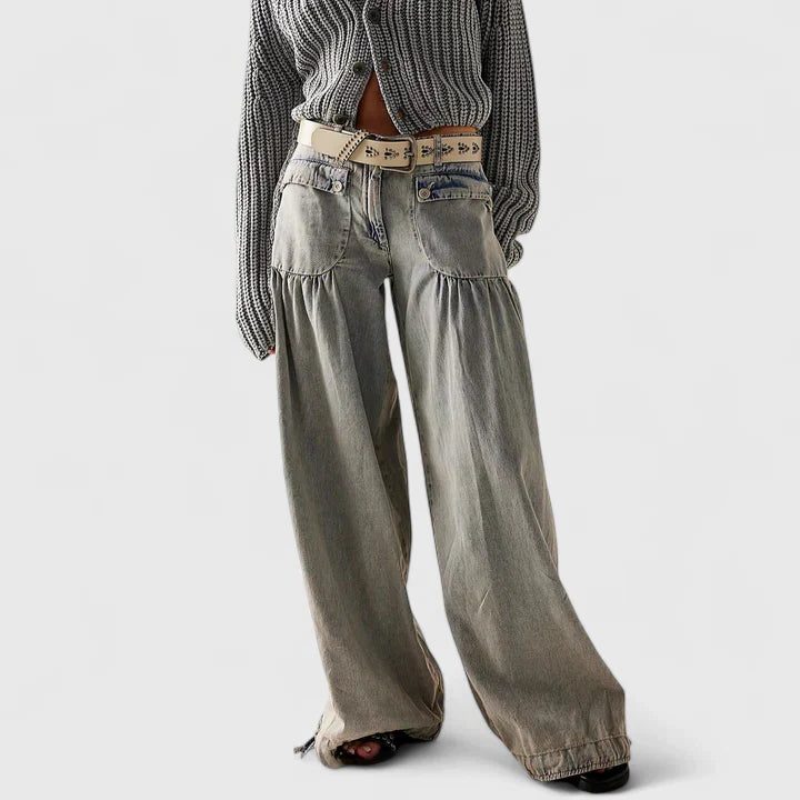 Wide Leg Pleated Trousers for Women - Grey