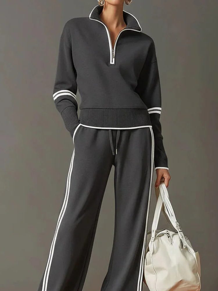 Wide Leg Zip-Up Stand Collar Knit Set for Women