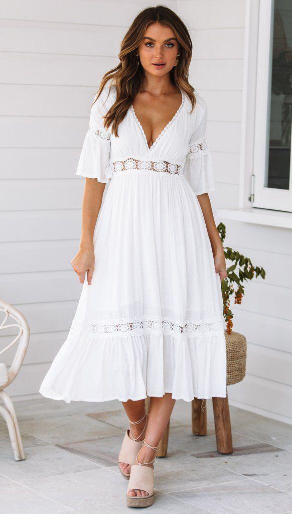 V-Neck Midi Ibiza Dress with Lace Trim for Women