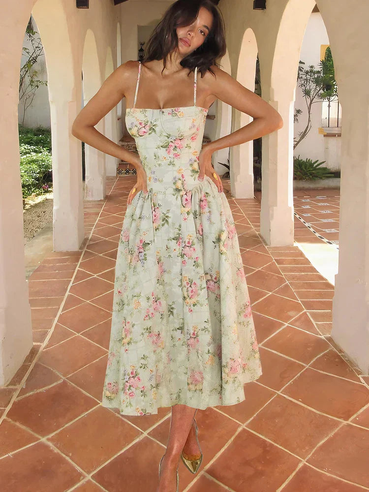 Strappy A-Line Floral Wedding Guest Midi Dress for Women