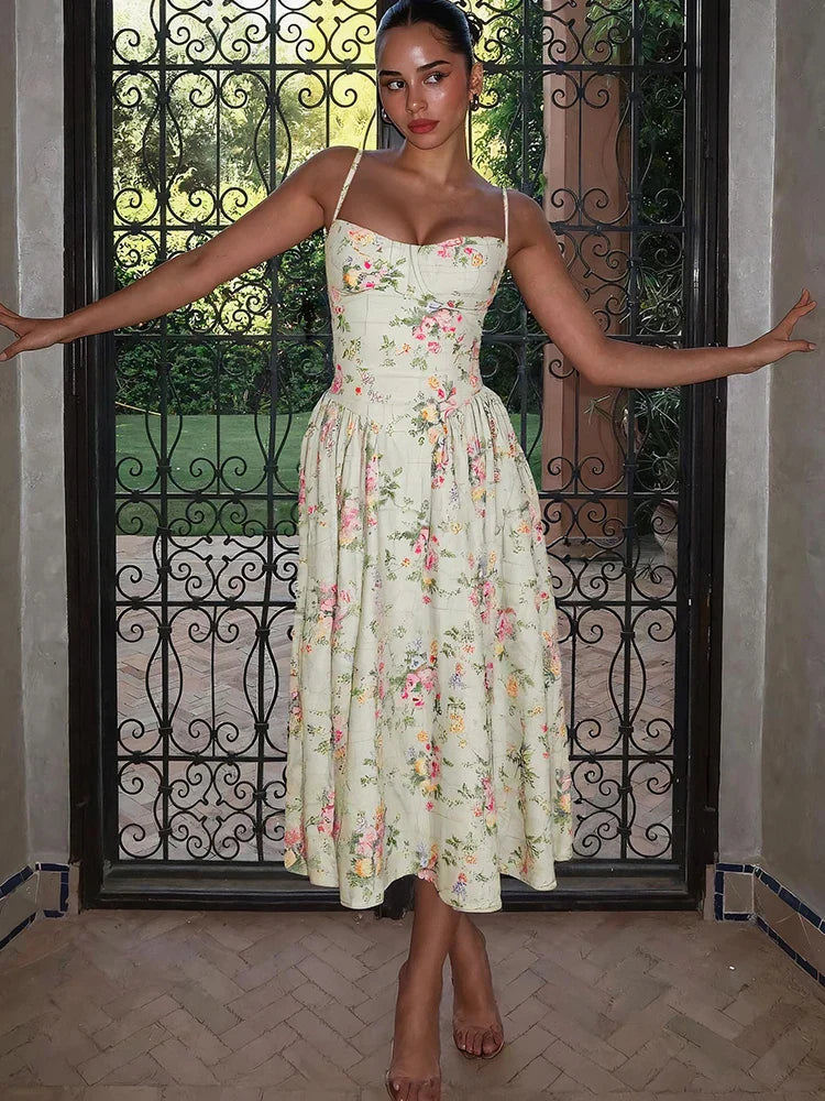 Strappy A-Line Floral Wedding Guest Midi Dress for Women