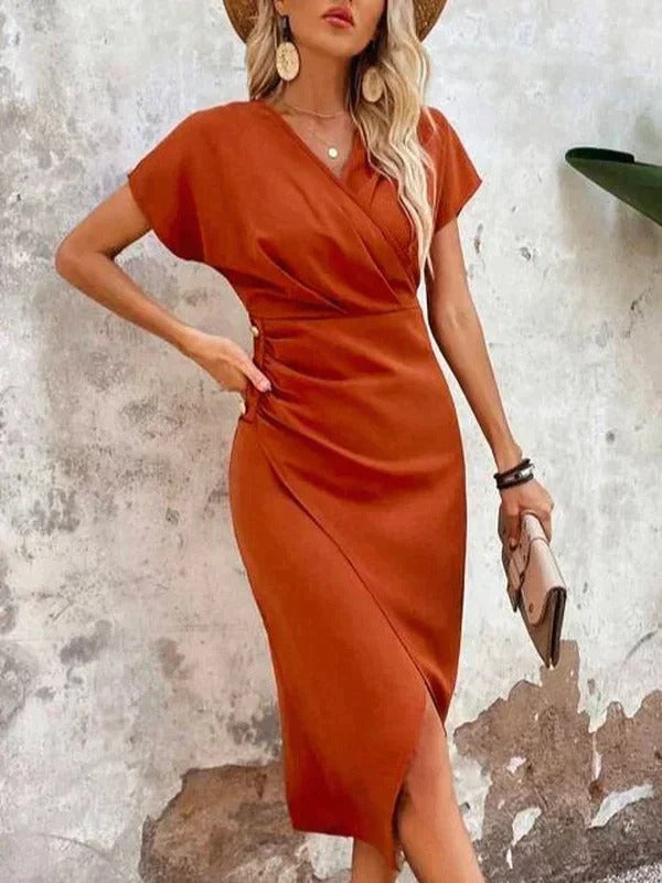Wrap V-Neck Midi Wedding Guest Dress for Women