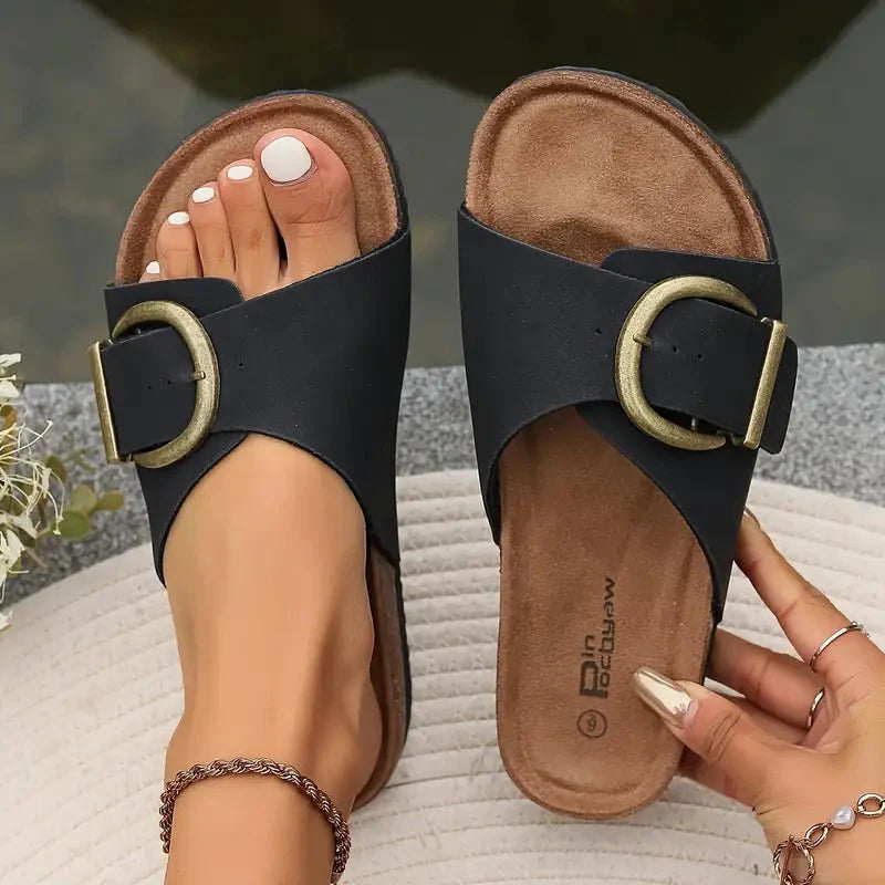 Open Toe Buckle Strap Slides for Women
