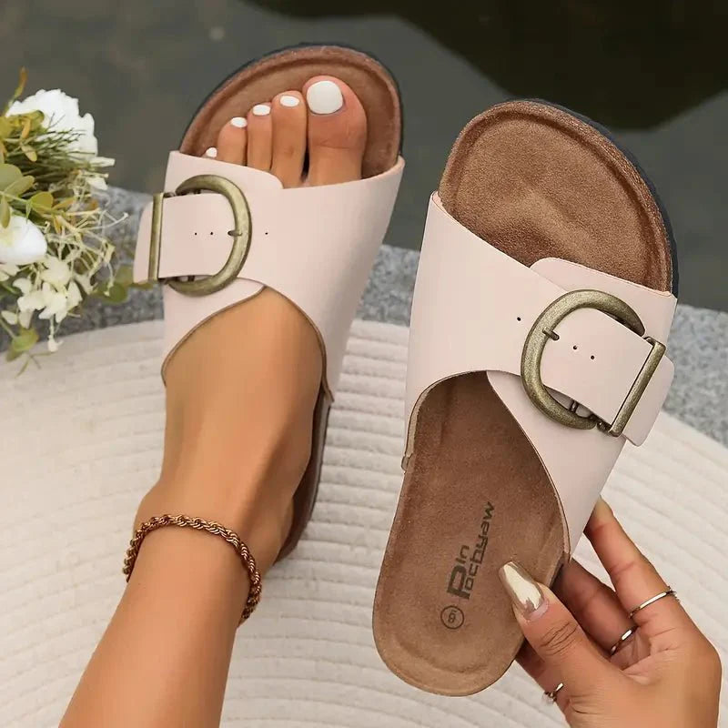 Open Toe Buckle Strap Slides for Women