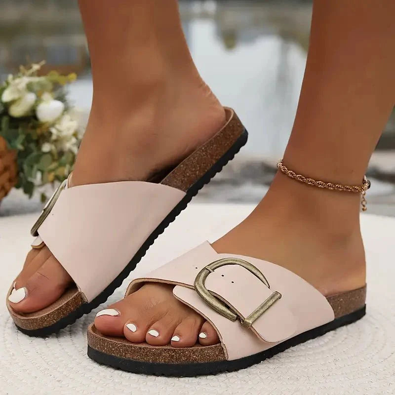 Open Toe Buckle Strap Slides for Women