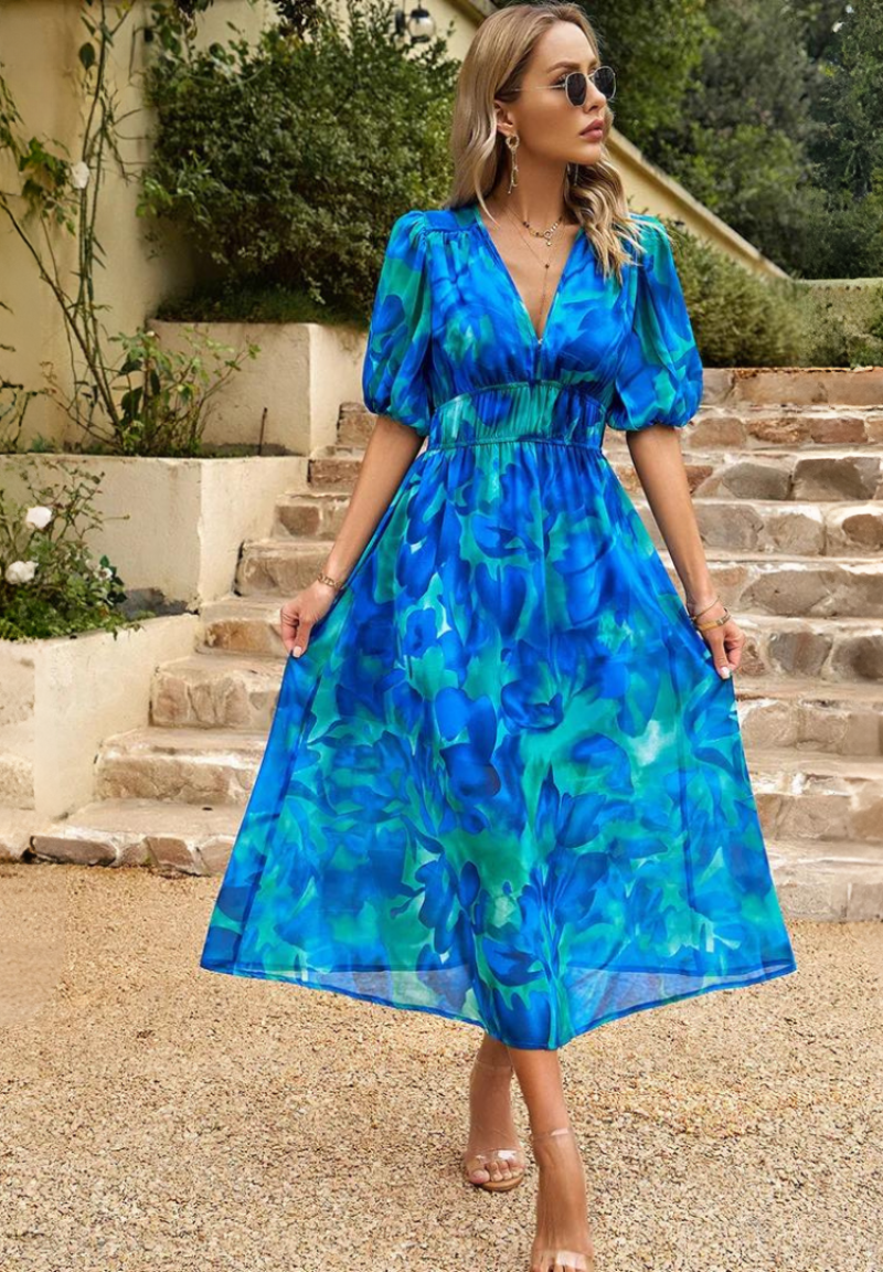 V-Neck Short Sleeve Floral A-Line Midi Dress for Women