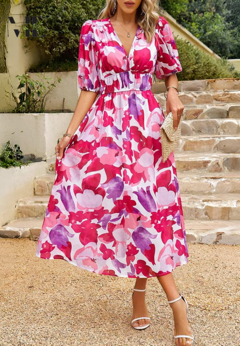 V-Neck Short Sleeve Floral A-Line Midi Dress for Women