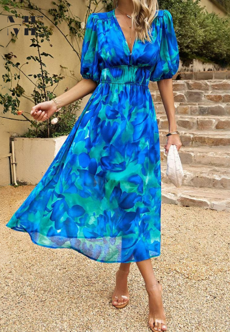 V-Neck Short Sleeve Floral A-Line Midi Dress for Women