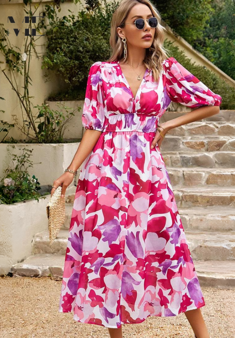 V-Neck Short Sleeve Floral A-Line Midi Dress for Women