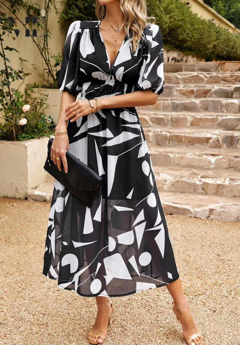 V-Neck Short Sleeve Floral A-Line Midi Dress for Women