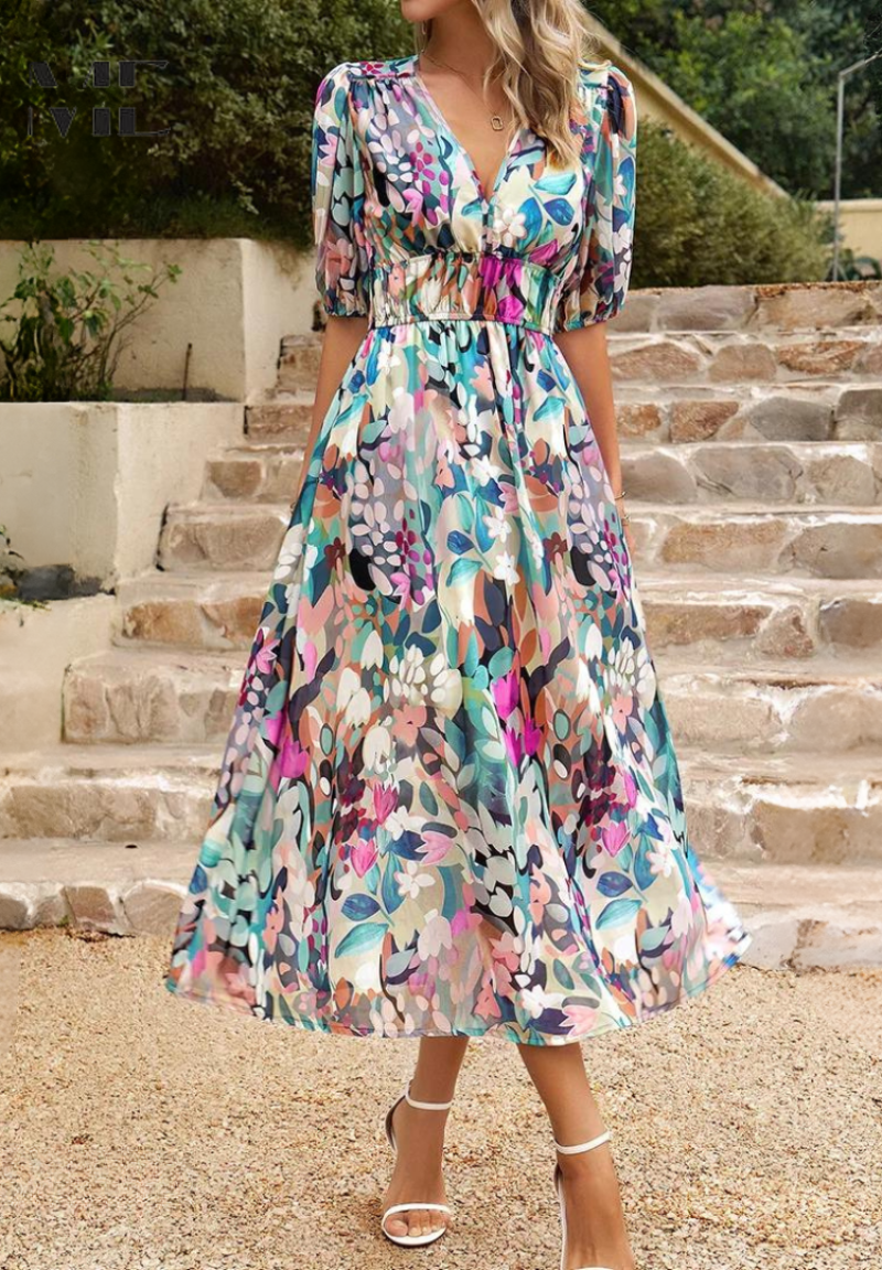 V-Neck Short Sleeve Floral A-Line Midi Dress for Women
