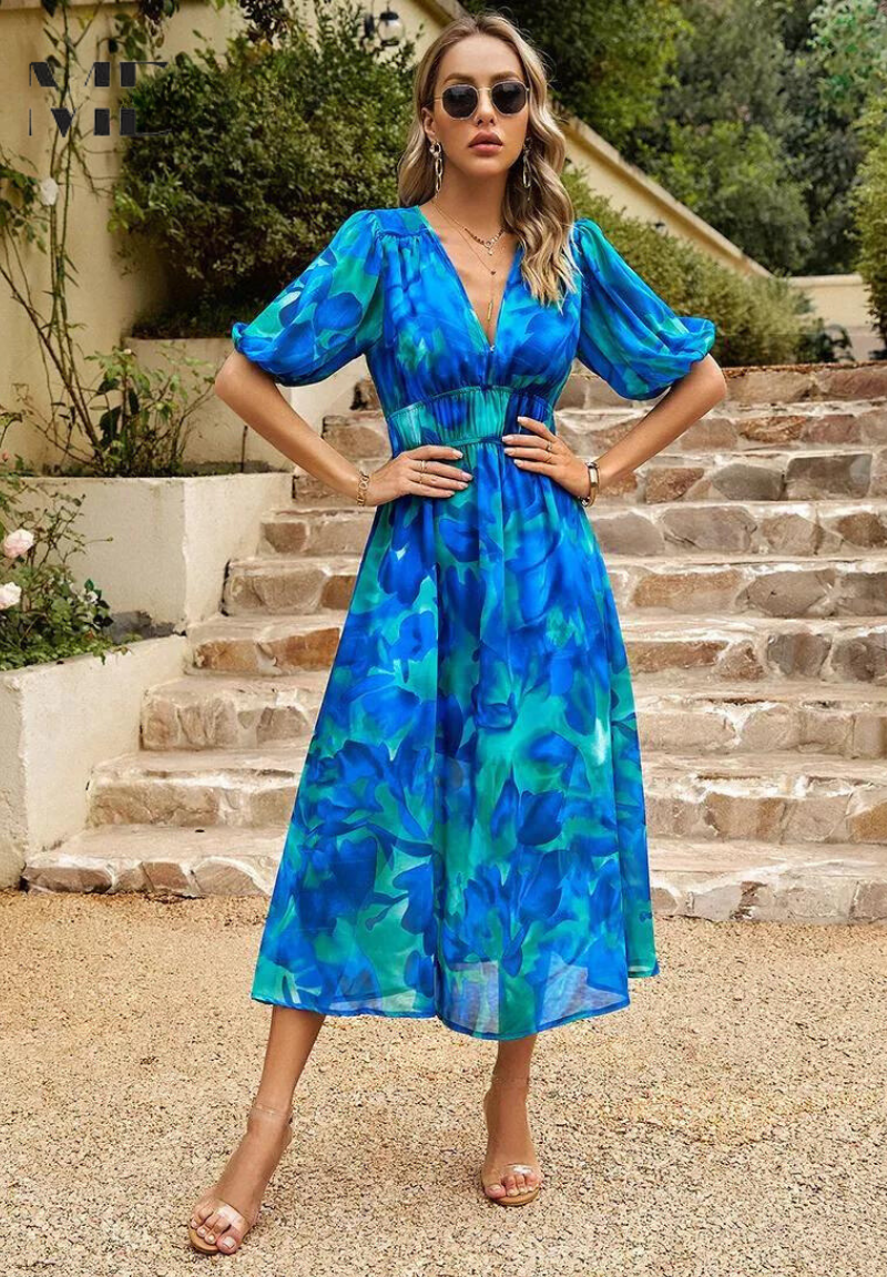V-Neck Short Sleeve Floral A-Line Midi Dress for Women