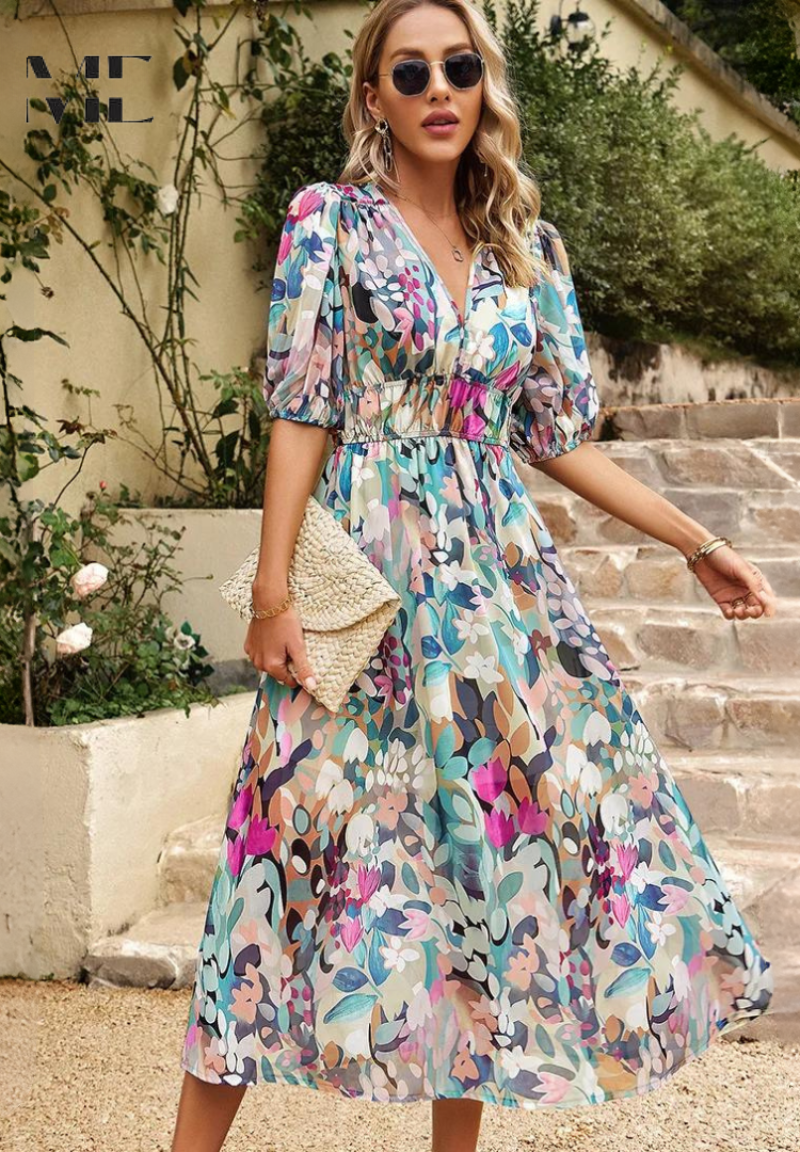 V-Neck Short Sleeve Floral A-Line Midi Dress for Women