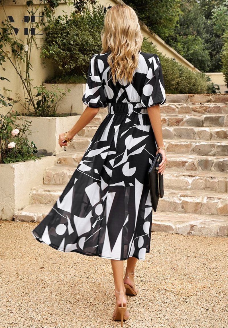 V-Neck Short Sleeve Floral A-Line Midi Dress for Women