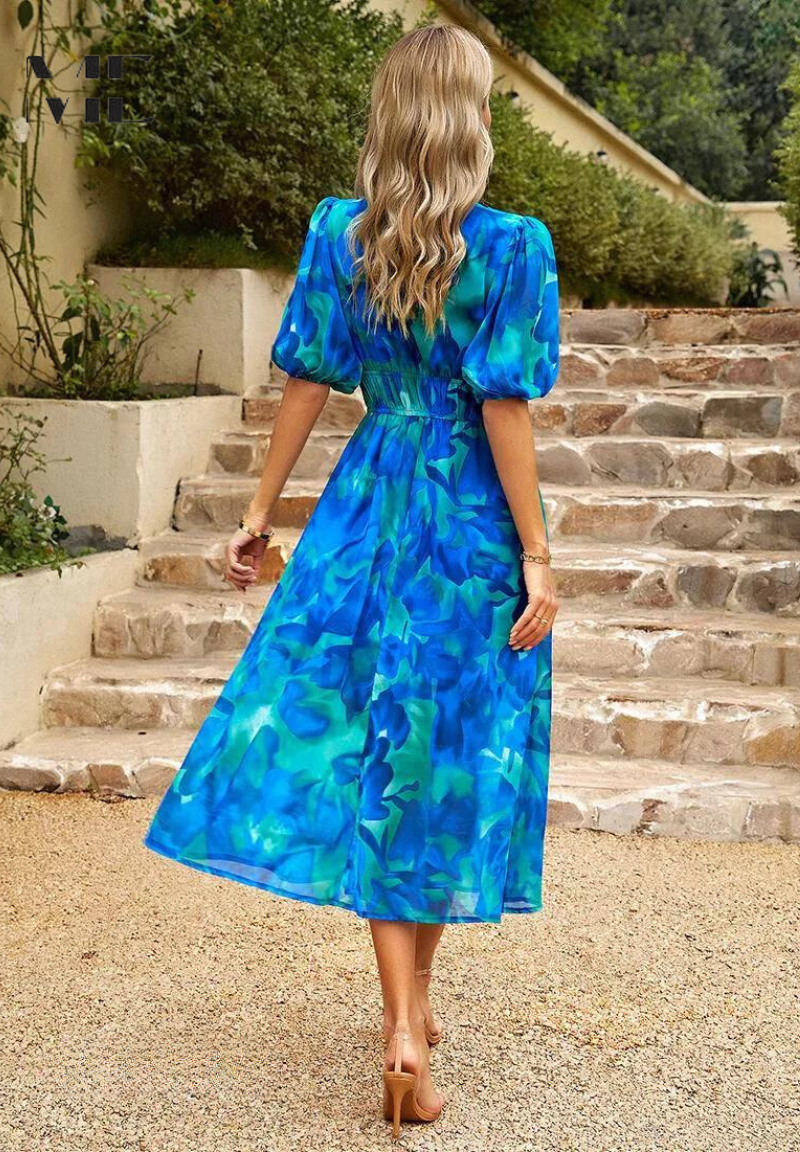V-Neck Short Sleeve Floral A-Line Midi Dress for Women