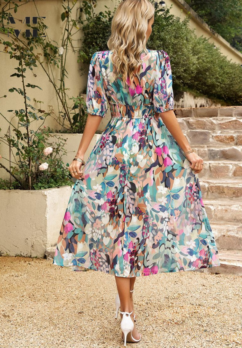 V-Neck Short Sleeve Floral A-Line Midi Dress for Women