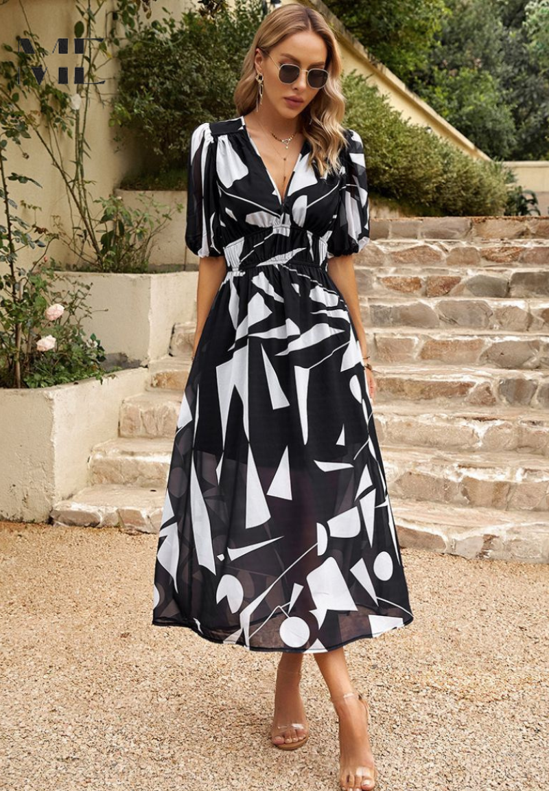 V-Neck Short Sleeve Floral A-Line Midi Dress for Women