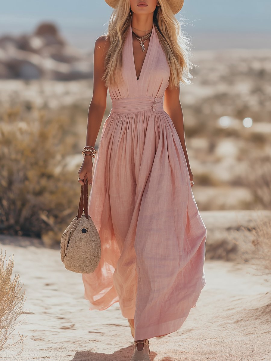 Halter Maxi Dress in Cotton-Linen for Women