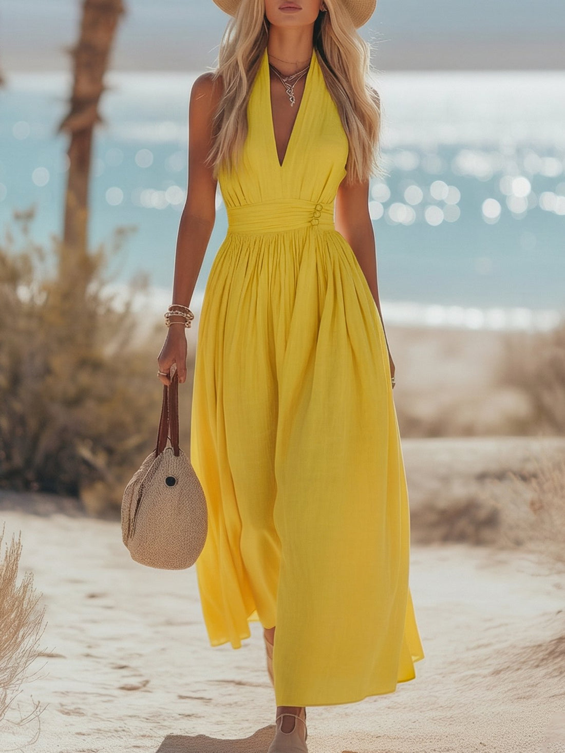 Halter Maxi Dress in Cotton-Linen for Women