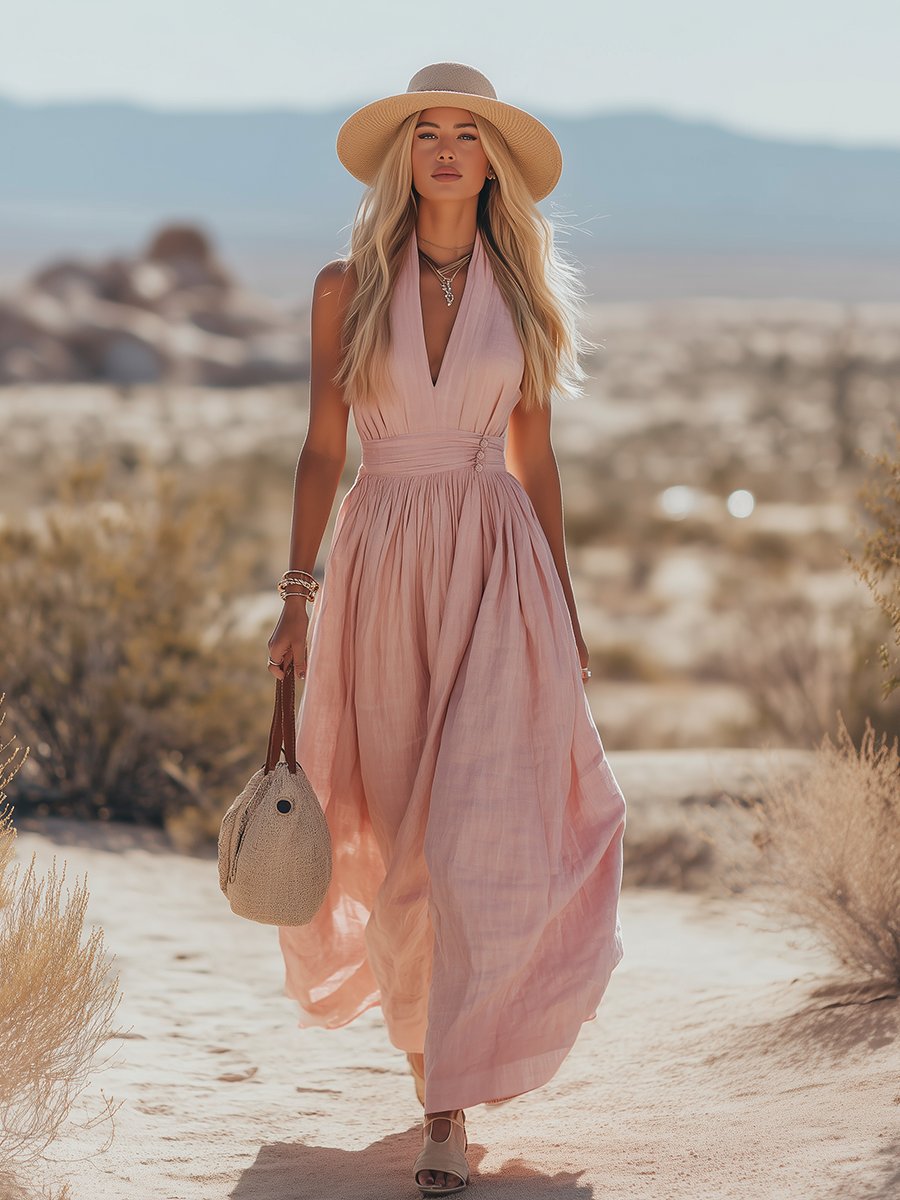 Halter Maxi Dress in Cotton-Linen for Women