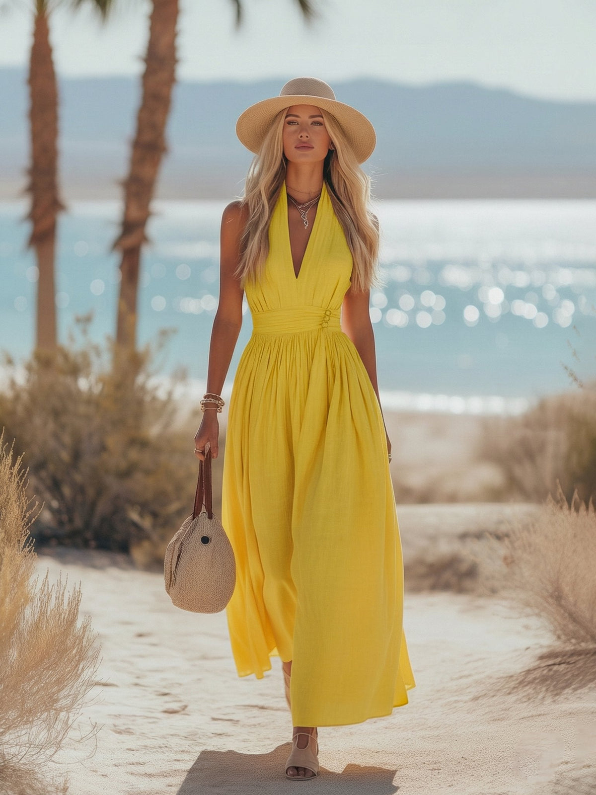 Halter Maxi Dress in Cotton-Linen for Women
