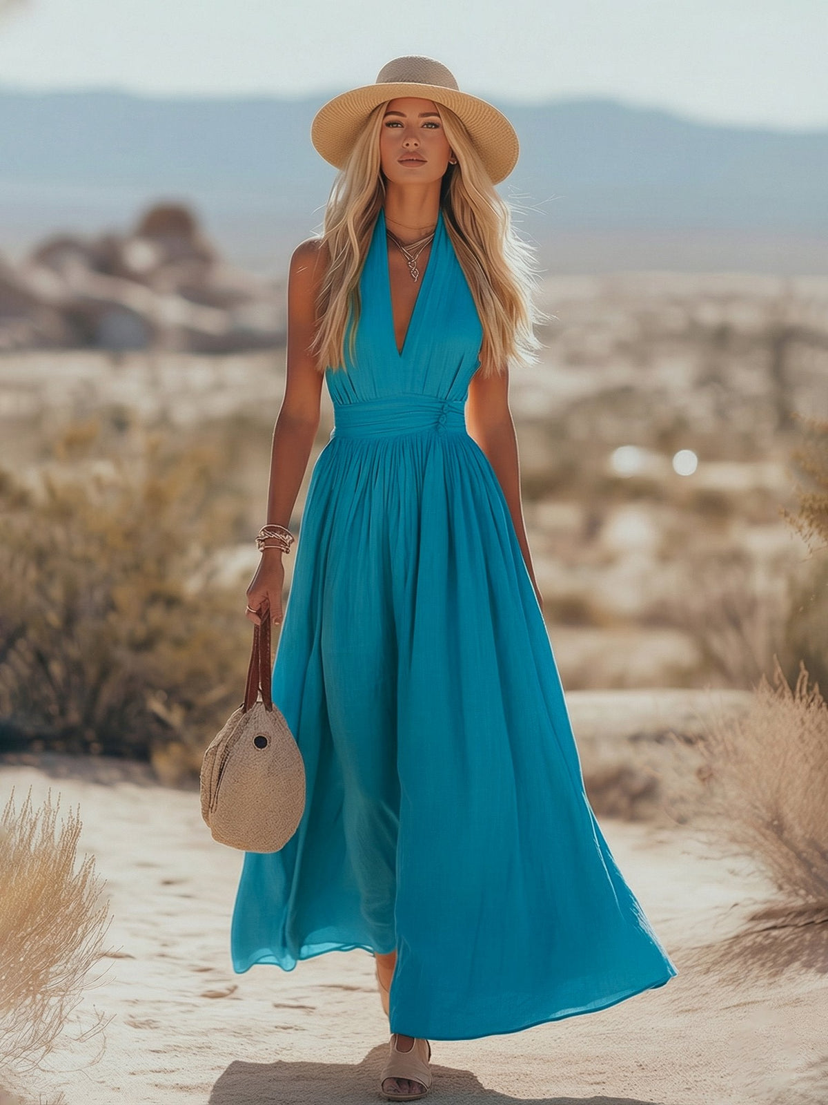 Halter Maxi Dress in Cotton-Linen for Women