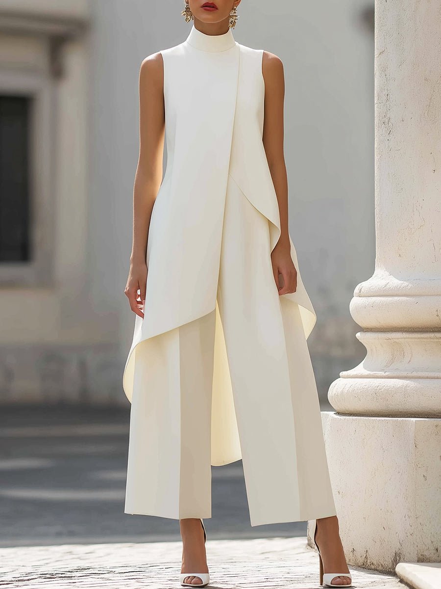 High-Neck Sleeveless Wide-Leg Trouser Set for Women