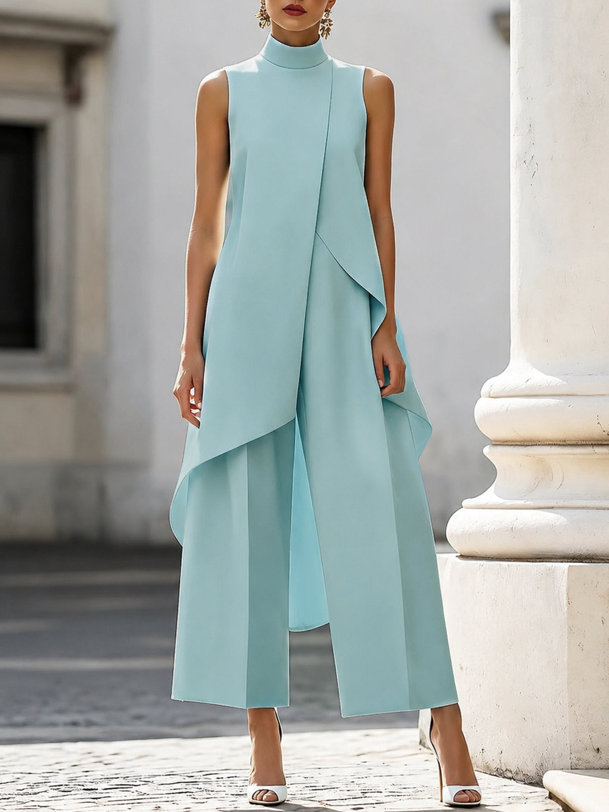 High-Neck Sleeveless Wide-Leg Trouser Set for Women