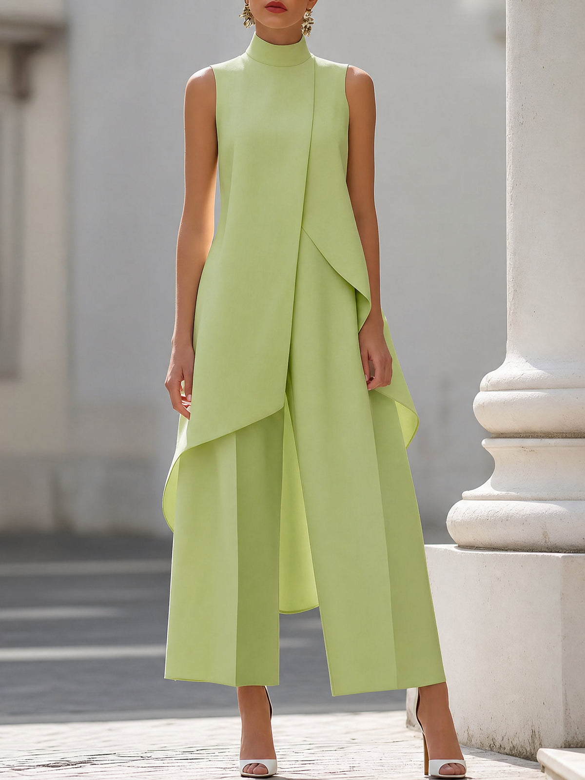 High-Neck Sleeveless Wide-Leg Trouser Set for Women