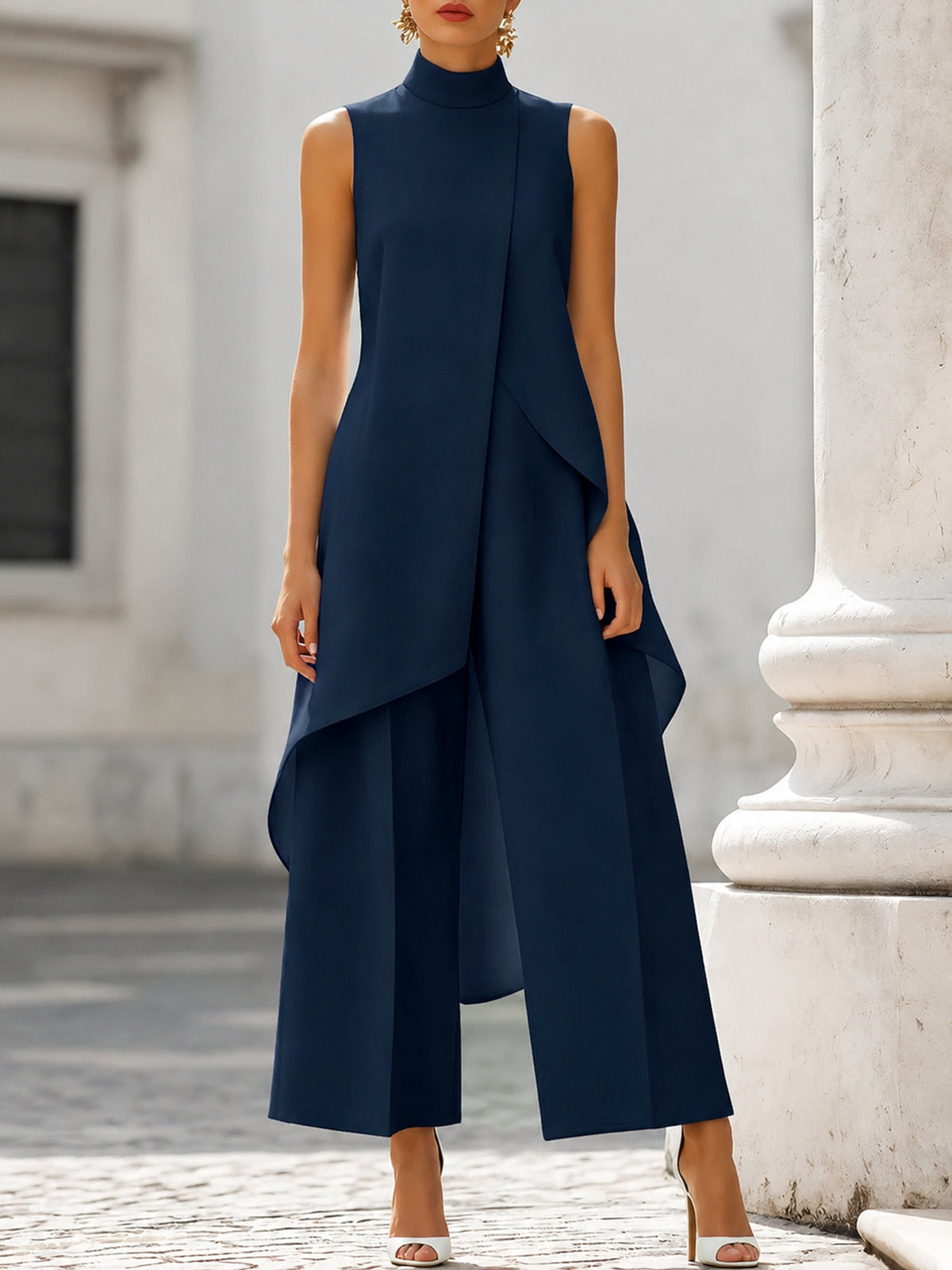 High-Neck Sleeveless Wide-Leg Trouser Set for Women