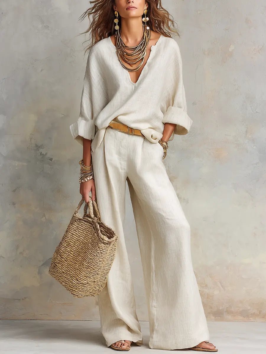 Linen V-Neck Wide Leg Set for Women