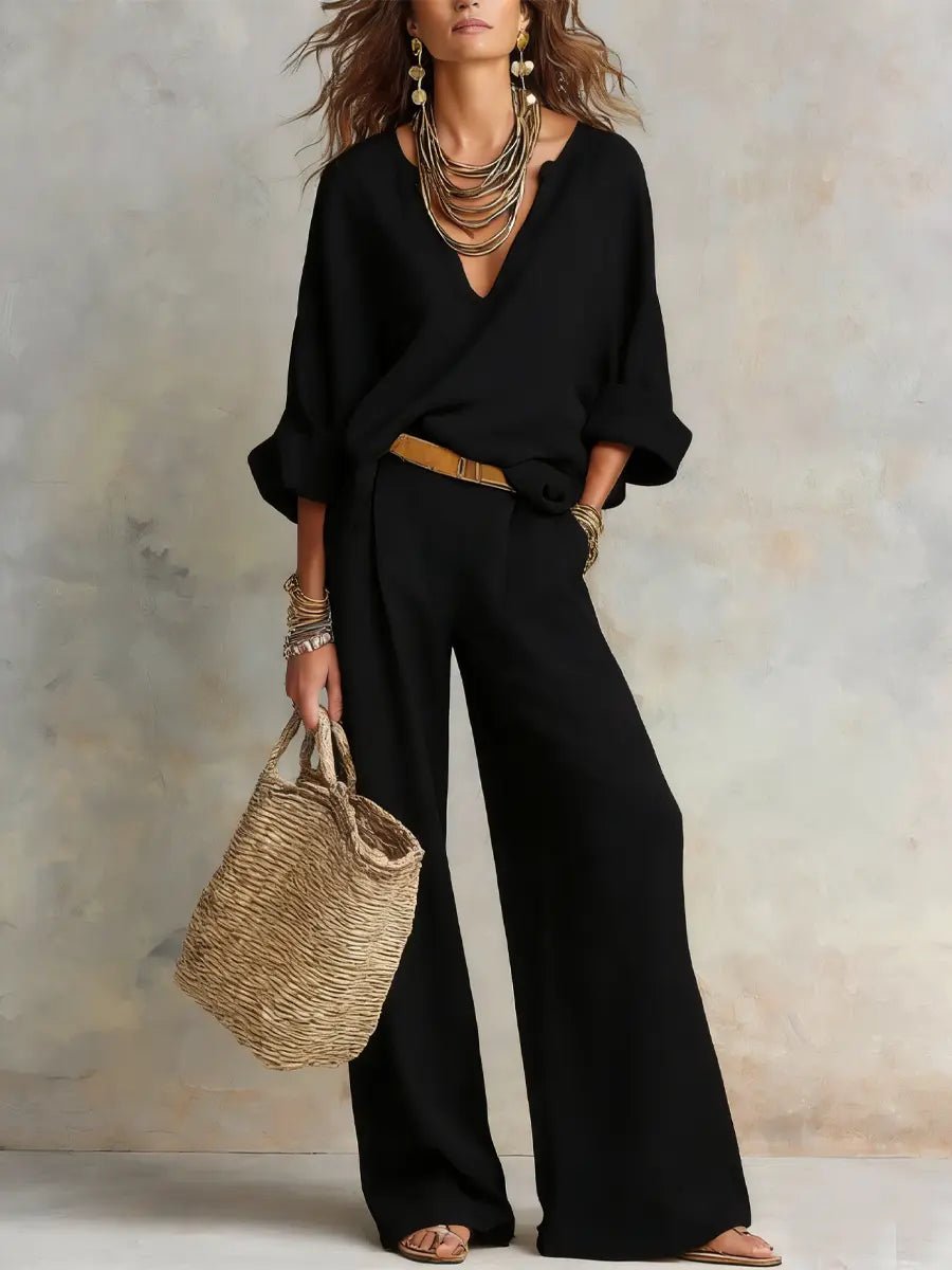 Linen V-Neck Wide Leg Set for Women