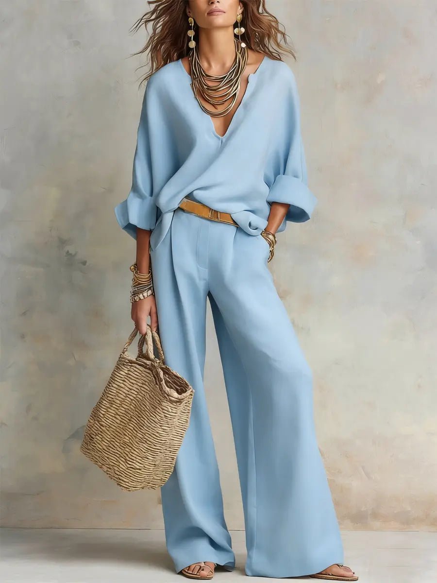 Linen V-Neck Wide Leg Set for Women