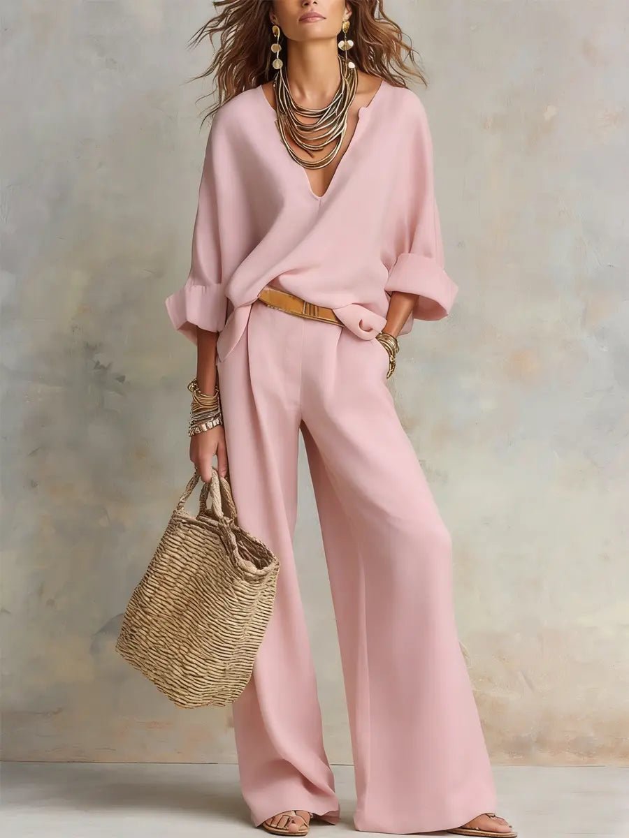 Linen V-Neck Wide Leg Set for Women