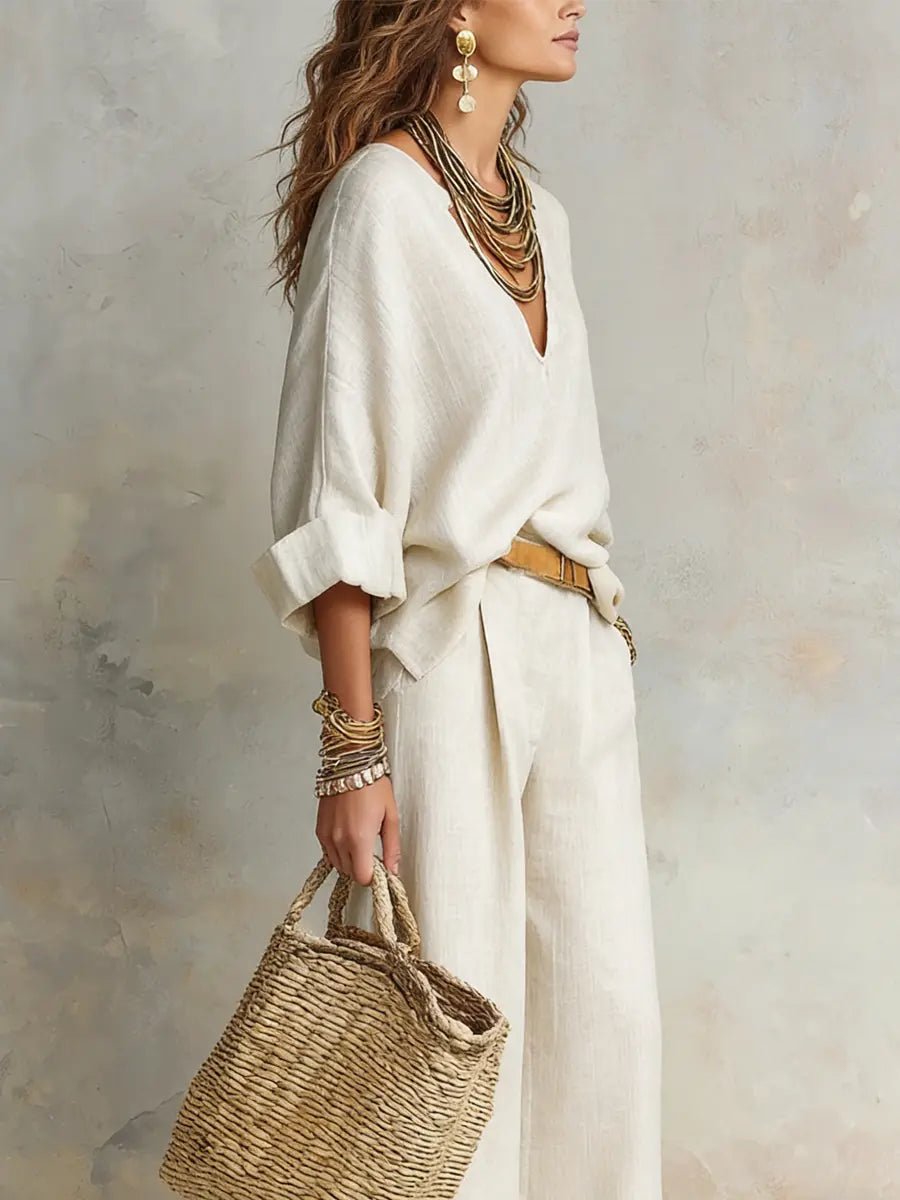 Linen V-Neck Wide Leg Set for Women