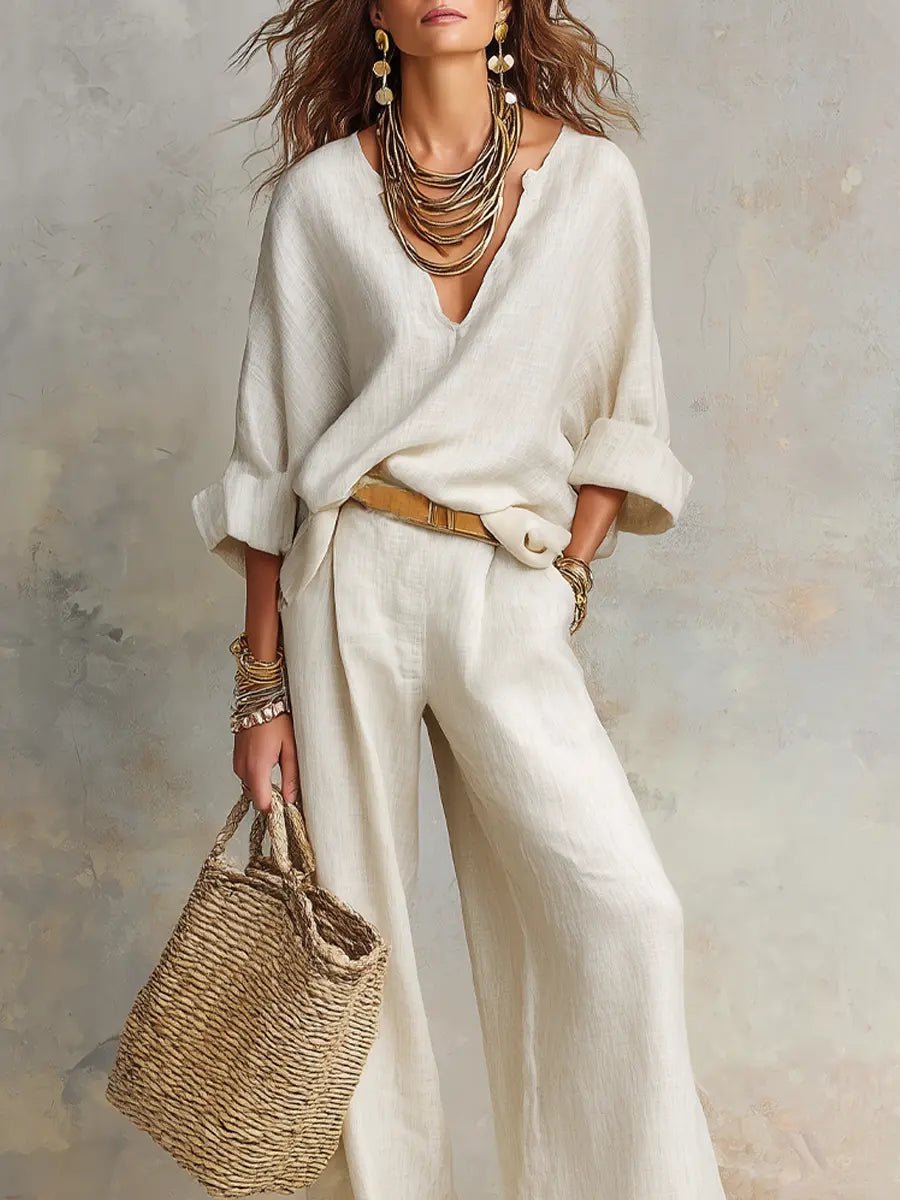 Linen V-Neck Wide Leg Set for Women