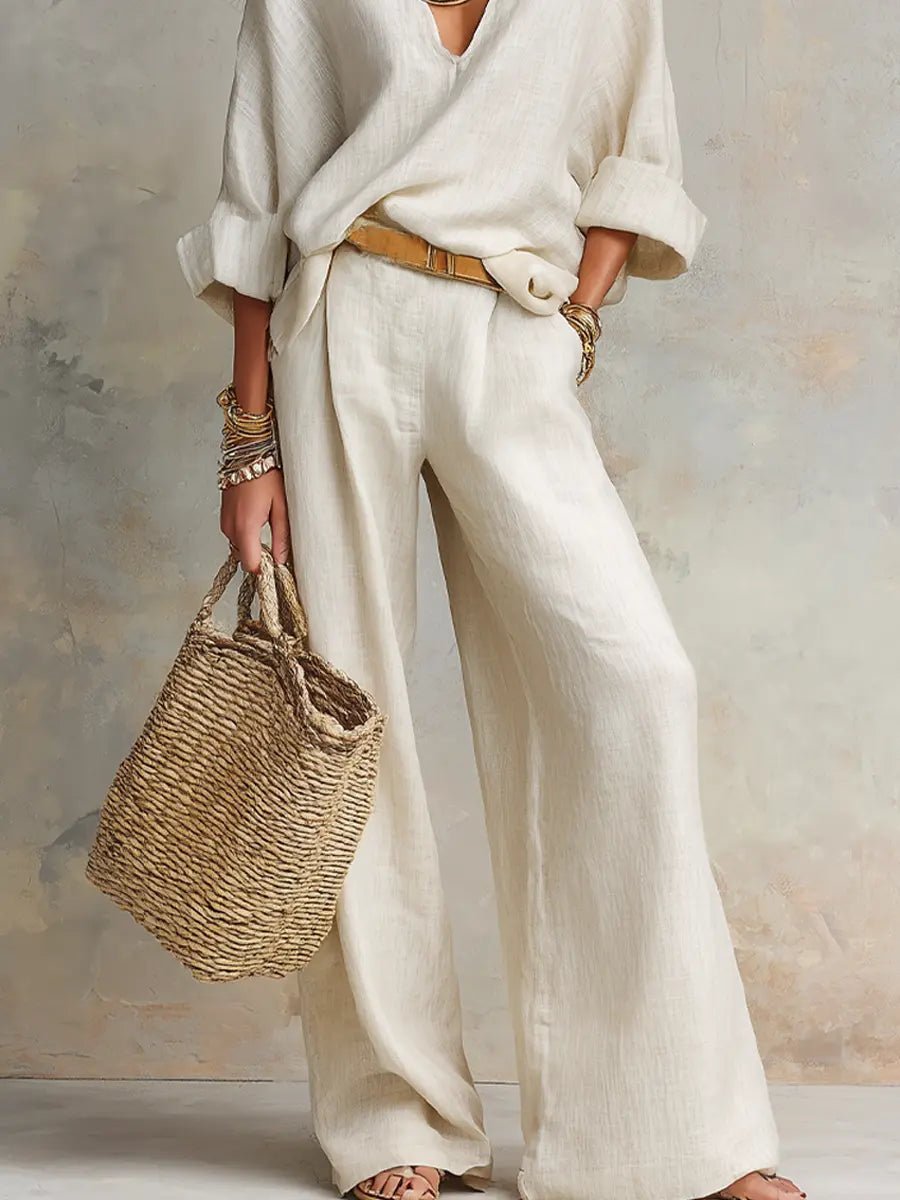 Linen V-Neck Wide Leg Set for Women
