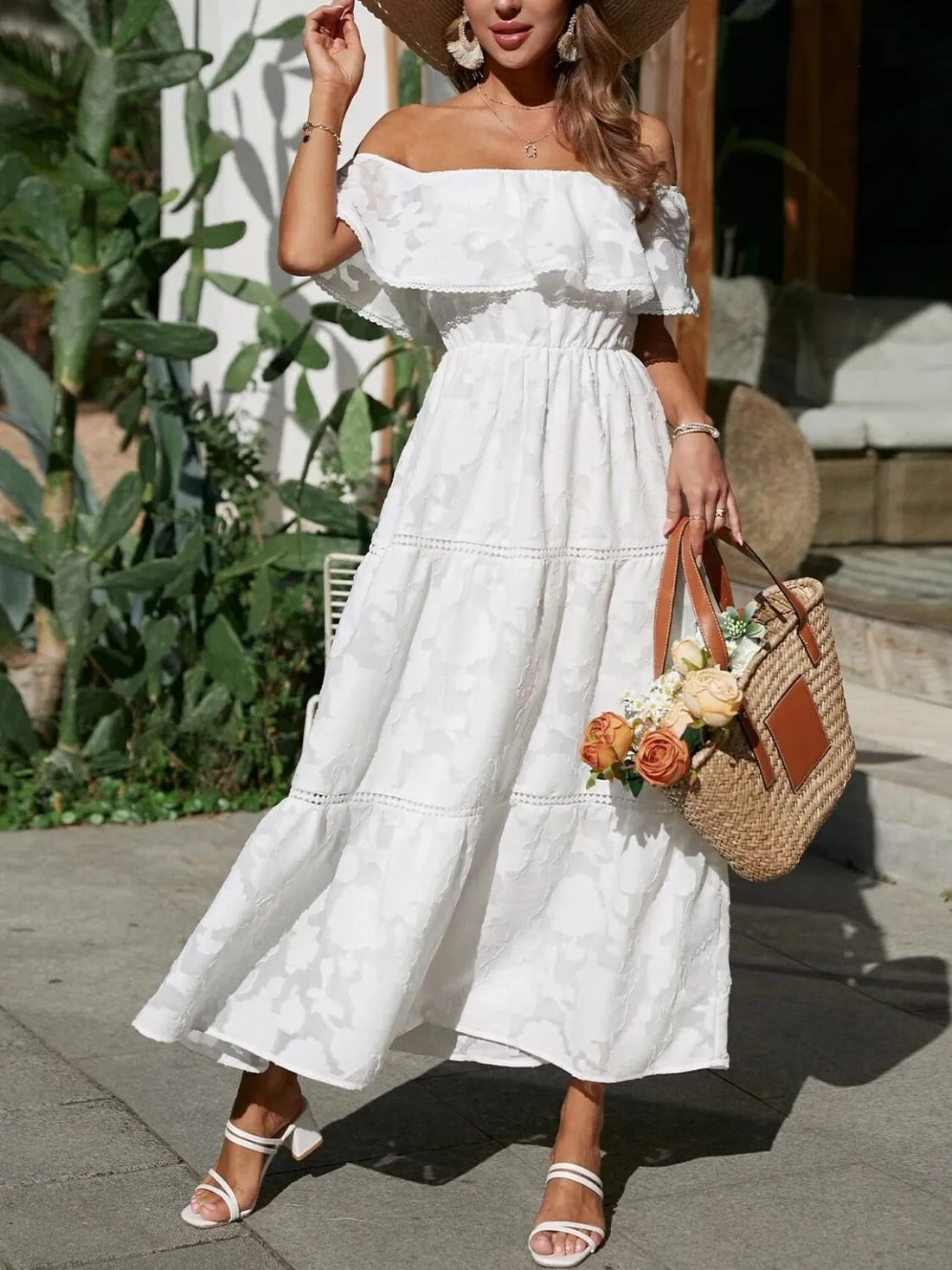 Off-Shoulder Tiered Maxi Wedding Guest Dress for Women