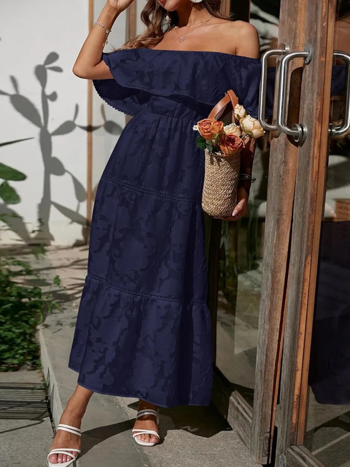 Off-Shoulder Tiered Maxi Wedding Guest Dress for Women