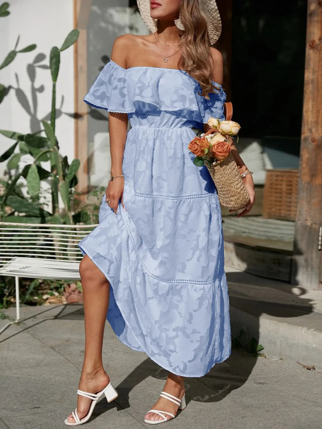Off-Shoulder Tiered Maxi Wedding Guest Dress for Women
