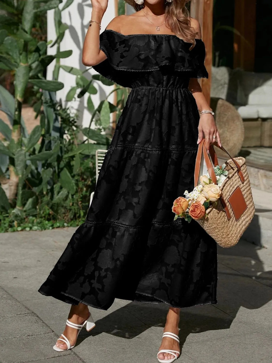 Off-Shoulder Tiered Maxi Wedding Guest Dress for Women