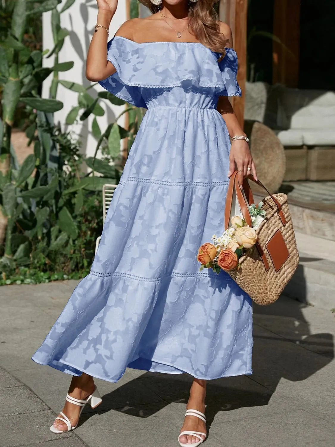 Off-Shoulder Tiered Maxi Wedding Guest Dress for Women
