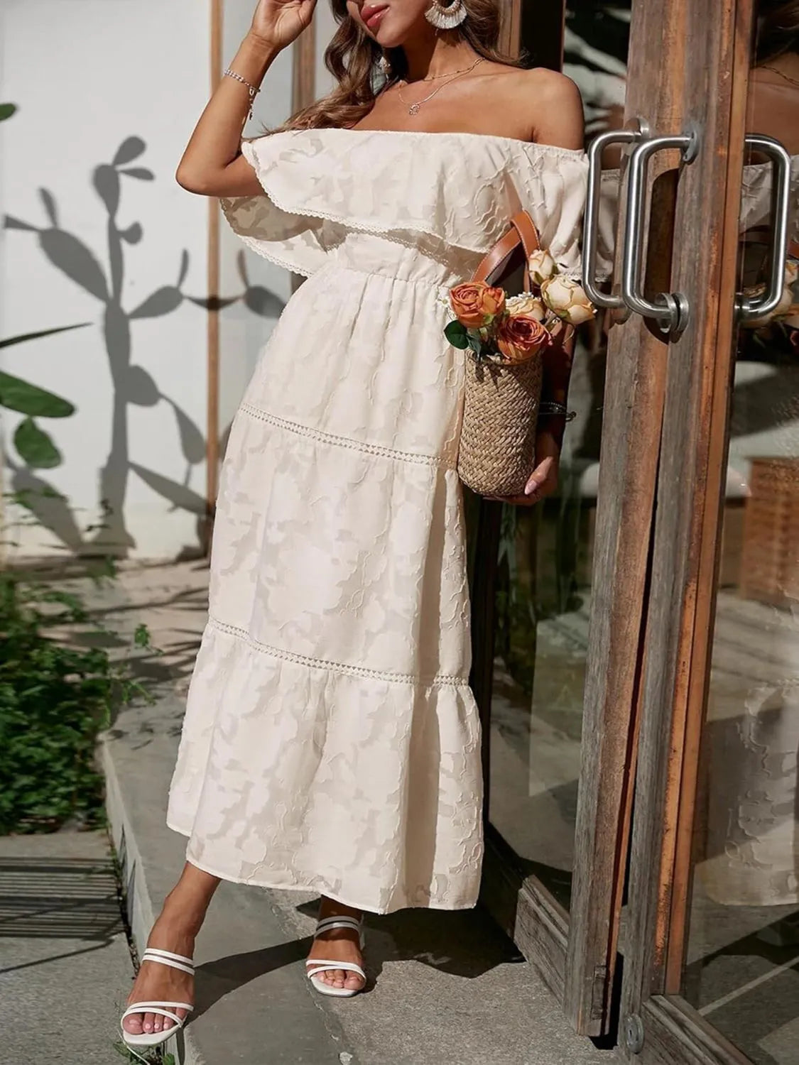 Off-Shoulder Tiered Maxi Wedding Guest Dress for Women