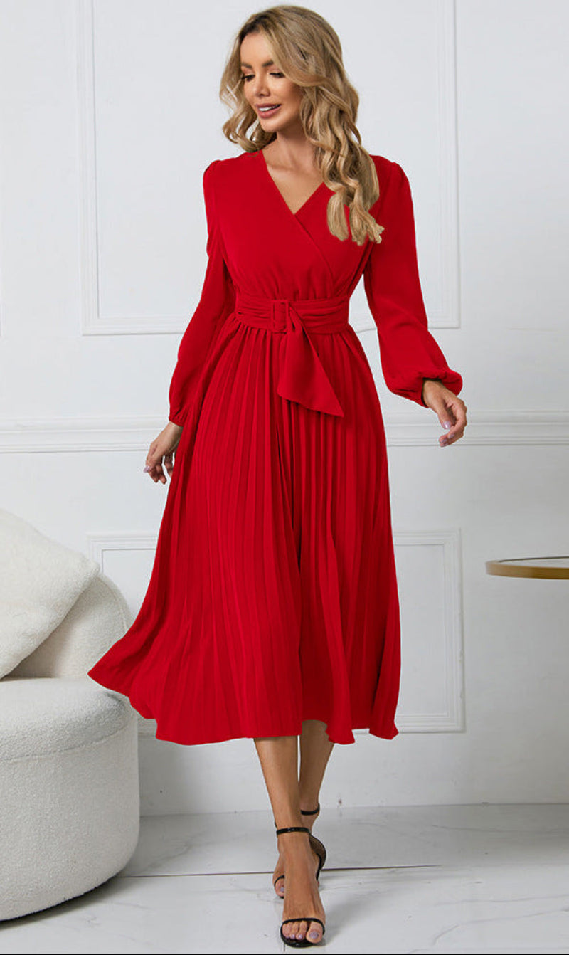 Pleated Wrap Midi Wedding Guest Dress for Women